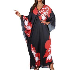 Womens Red & Black Floral V-Neck Batwing Sleeves Smocked Waist Maxi Kaftan Dress